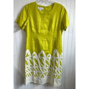 EY Boutique Linen Shift‎ Dress Womens Medium Lime Green Applique Cottagecore